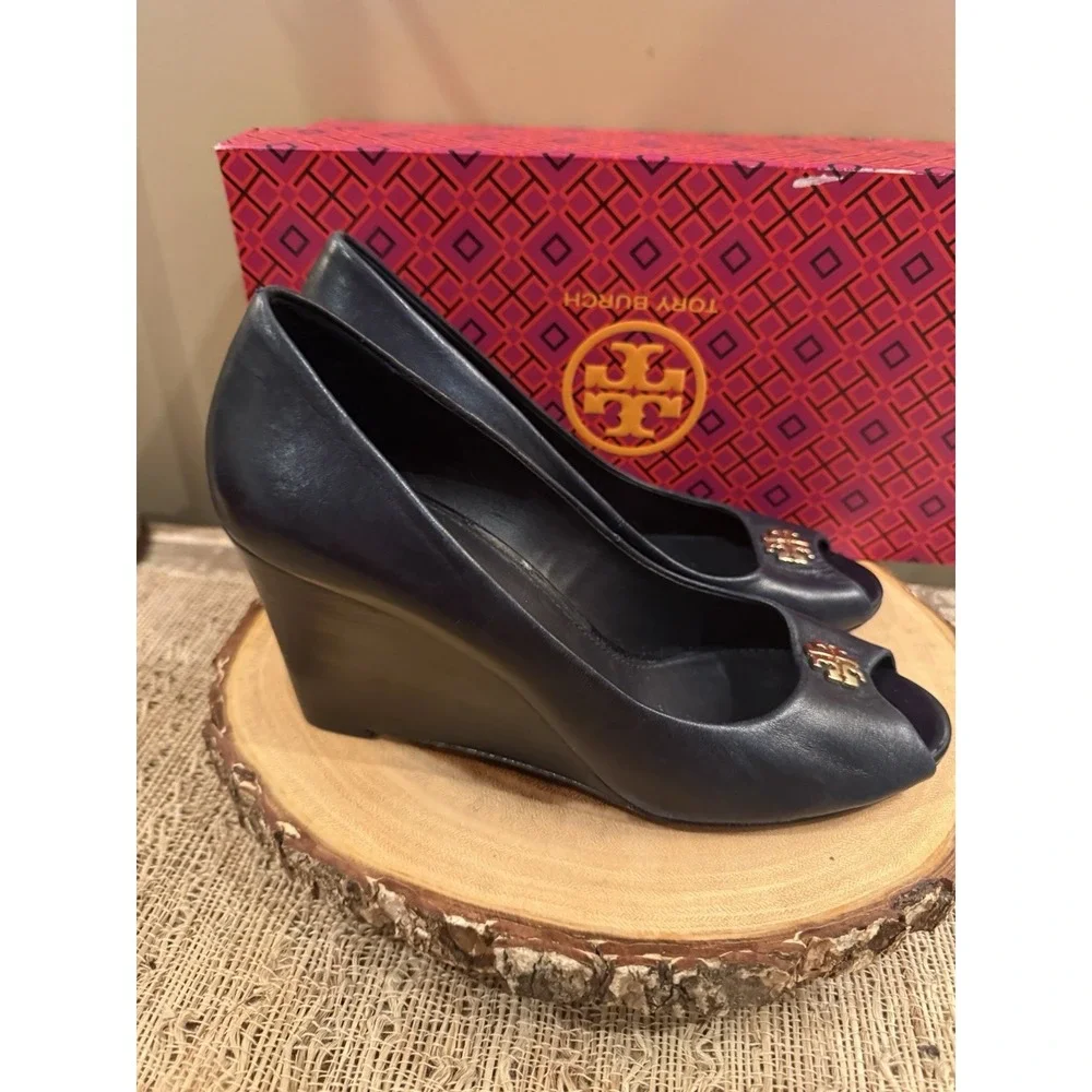 Tory Burch Jolie Peep Toe Wedge Pump Navy Blue Nappa Leather MRSP Sz-8 $290
